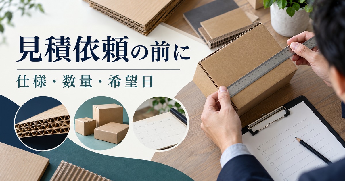 包装ケースの仕様・数量・希望日を確認して見積依頼を準備するイメージ