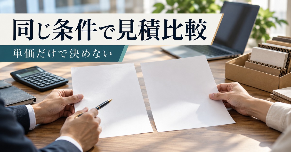同じ条件で見積比較を行う書類と包装ケースのイメージ