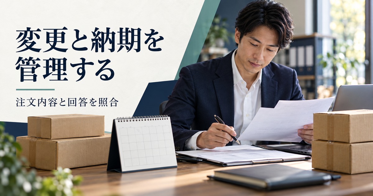 注文内容と回答を照合し変更や分納の納期を管理するイメージ