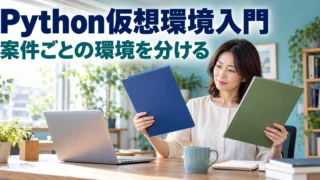 二つの作業環境を分けて考える女性の説明用生成画像