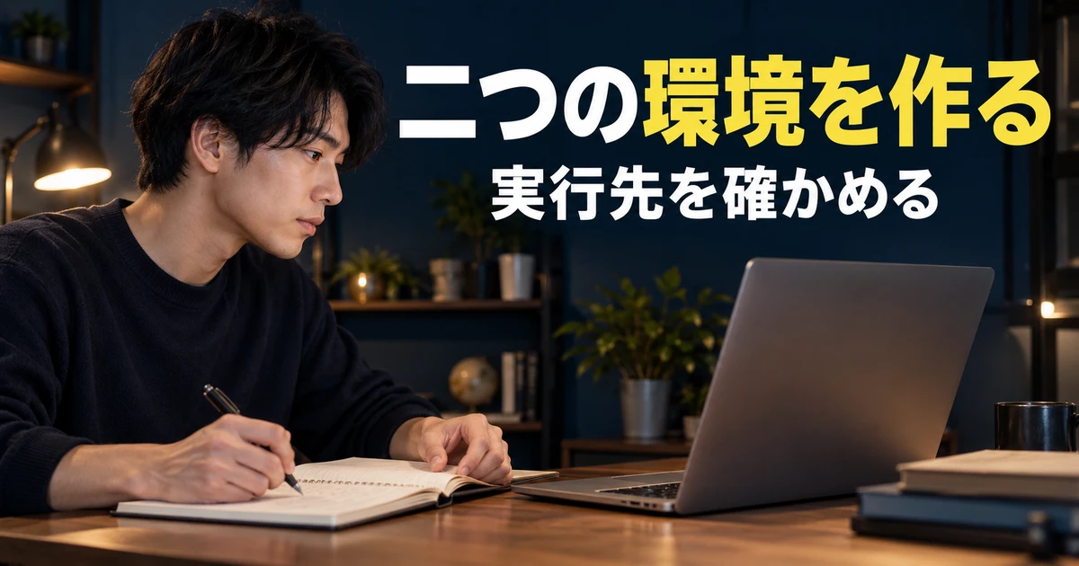 実行するPythonの場所を確認する男性の説明用生成画像