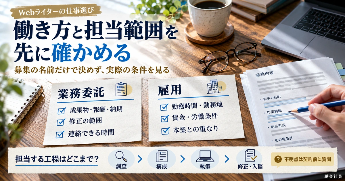 Webライターの業務委託と雇用で確認する条件、および調査から修正入稿までの担当範囲を比較する生成イメージ