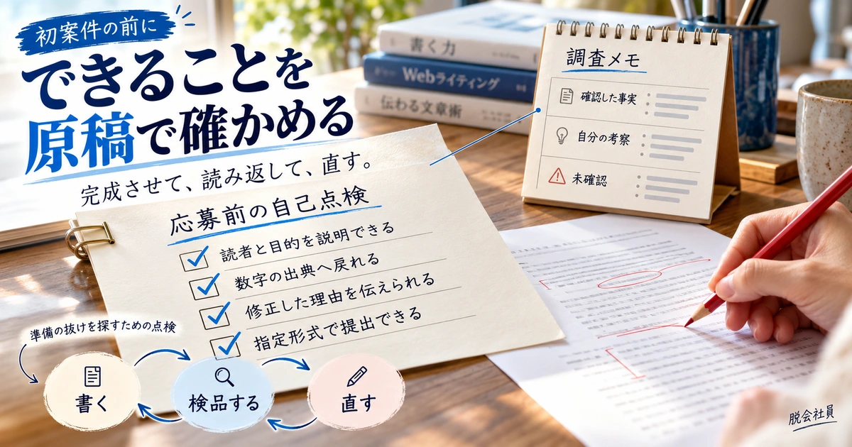 Webライターの初案件前に原稿で確かめる4つの自己点検と、事実・考察・未確認の調査メモを示す生成イメージ