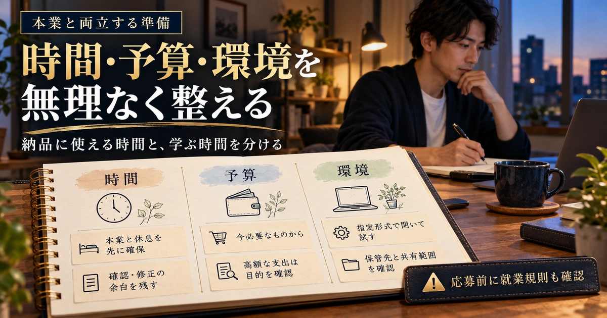 本業と両立するWebライター準備を時間・予算・環境の3列で整理し、就業規則の確認を促す生成イメージ