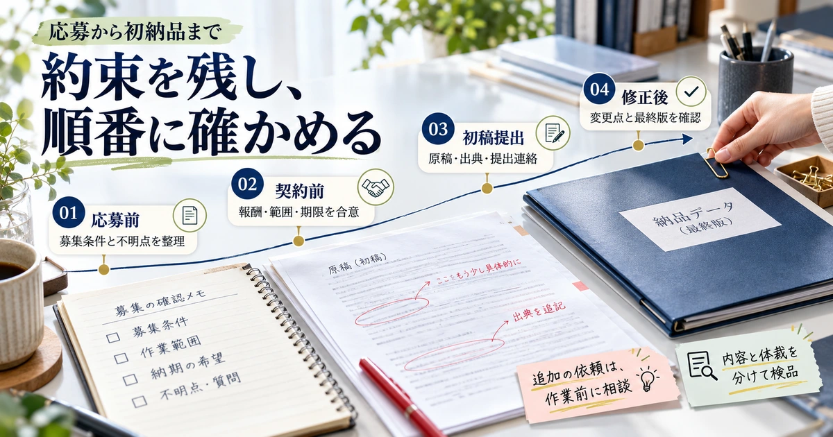 Webライターの応募前・契約前・初稿提出・修正後の確認事項を、原稿や最終版フォルダーと4段階の経路で示す生成イメージ