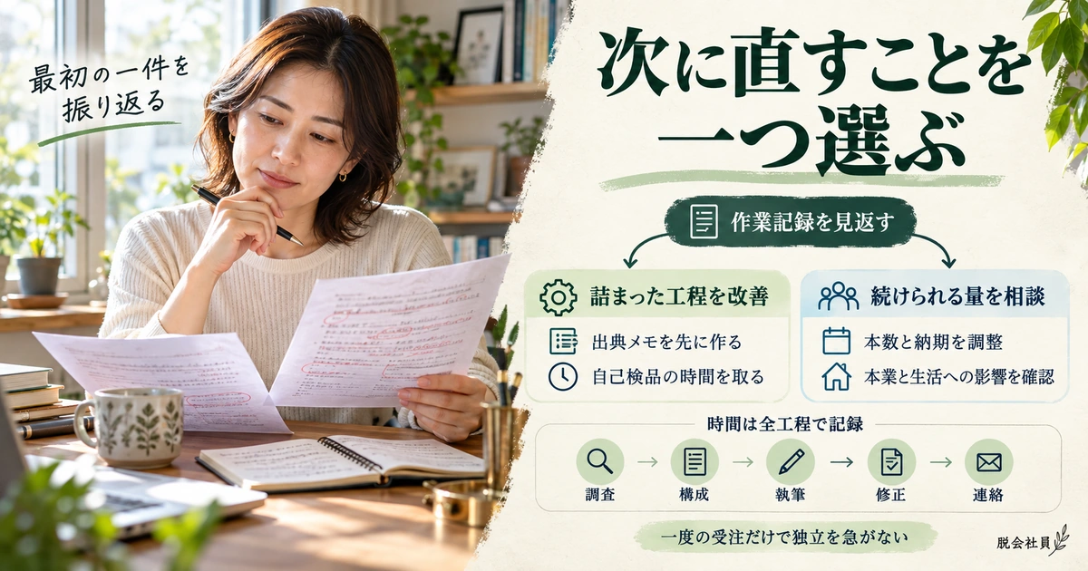 初案件の作業記録から改善する工程と続けられる量を見直し、全工程の時間を記録する考え方を示す生成イメージ
