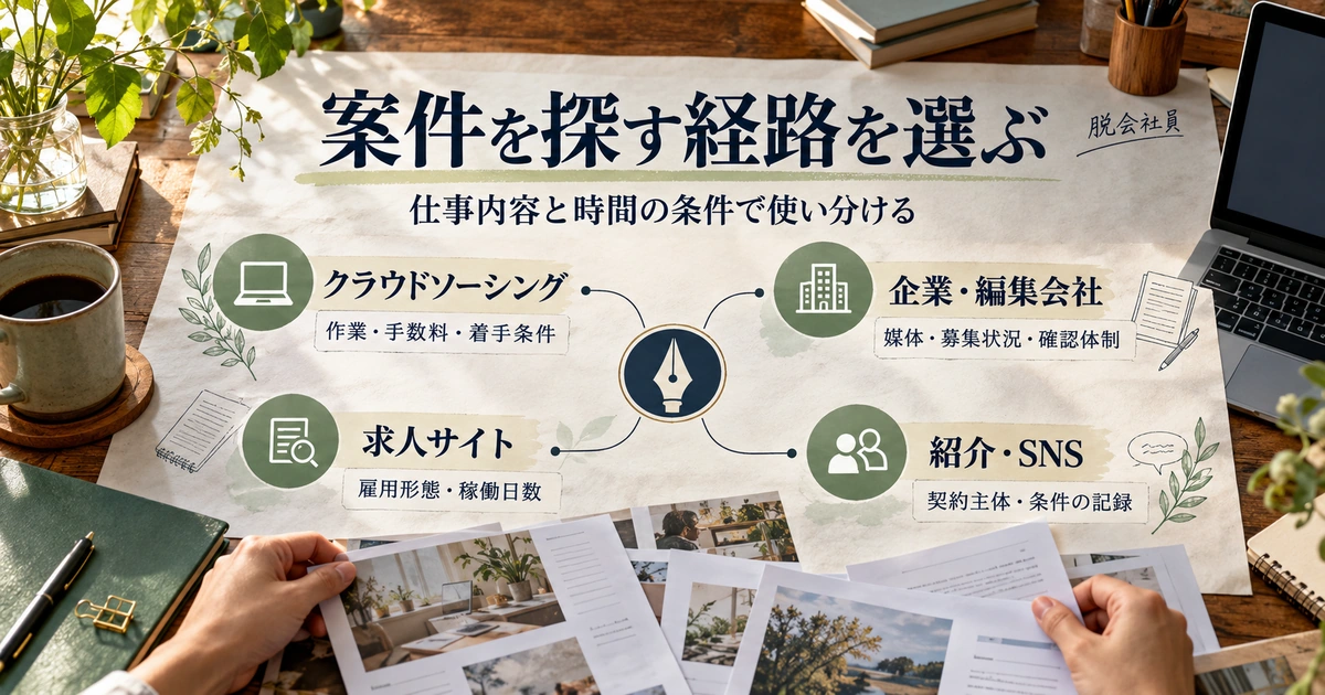 Webライターの案件をクラウドソーシング、企業編集会社、求人サイト、紹介SNSの4経路に分けて確認項目を示す生成イメージ