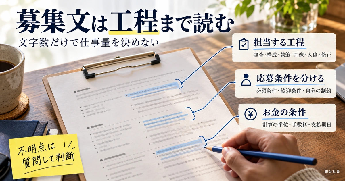 募集文を担当工程・応募条件・報酬条件の3点で読み、不明点を質問して判断する生成イメージ