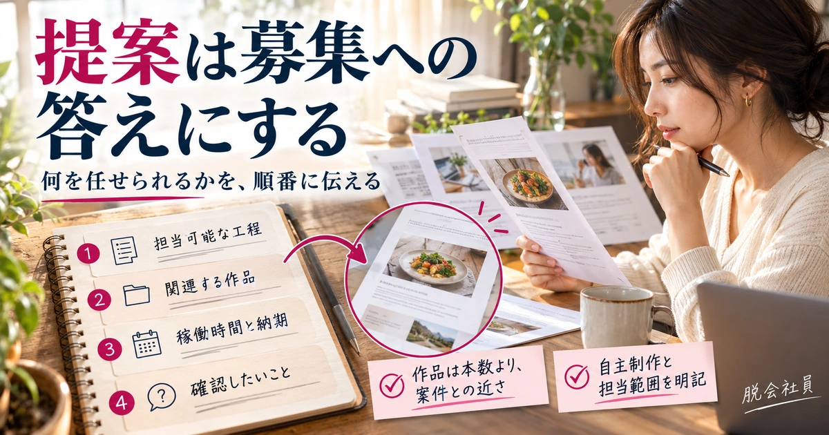 Webライターの提案を担当工程・関連作品・稼働時間納期・質問の順で構成し、案件に近い作品を選ぶ生成イメージ