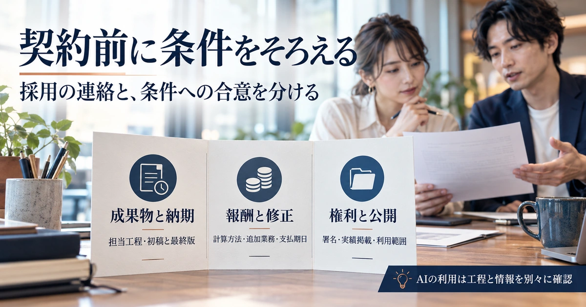 契約前に成果物と納期、報酬と修正、権利と公開をそろえ、AI利用の範囲を別途確認する生成イメージ