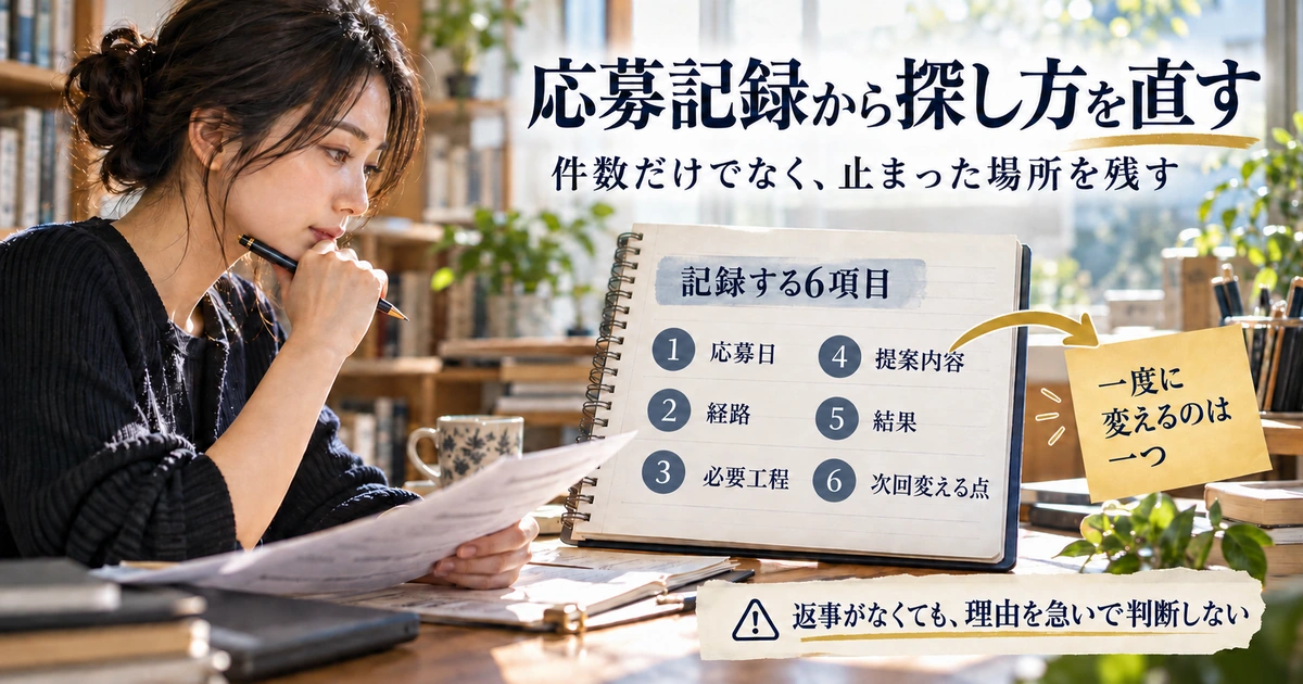応募日・経路・必要工程・提案内容・結果・次回変える点の6項目を記録し、改善を一つ試す考え方を示す生成イメージ