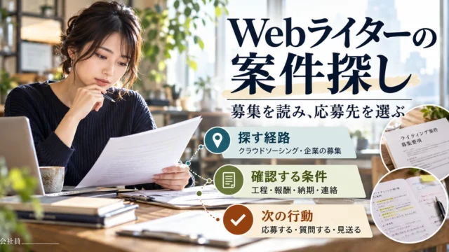 Webライターの案件探しを探す経路・確認条件・応募質問見送りの次行動に分けて示す生成イメージ