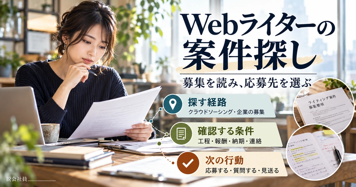 Webライターの案件探しを探す経路・確認条件・応募質問見送りの次行動に分けて示す生成イメージ