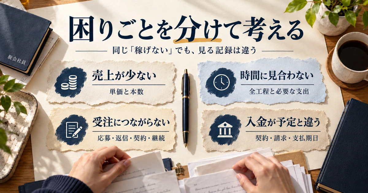 売上・作業時間・受注・入金の困りごとを分け、それぞれ先に見る記録を整理する生成イメージ