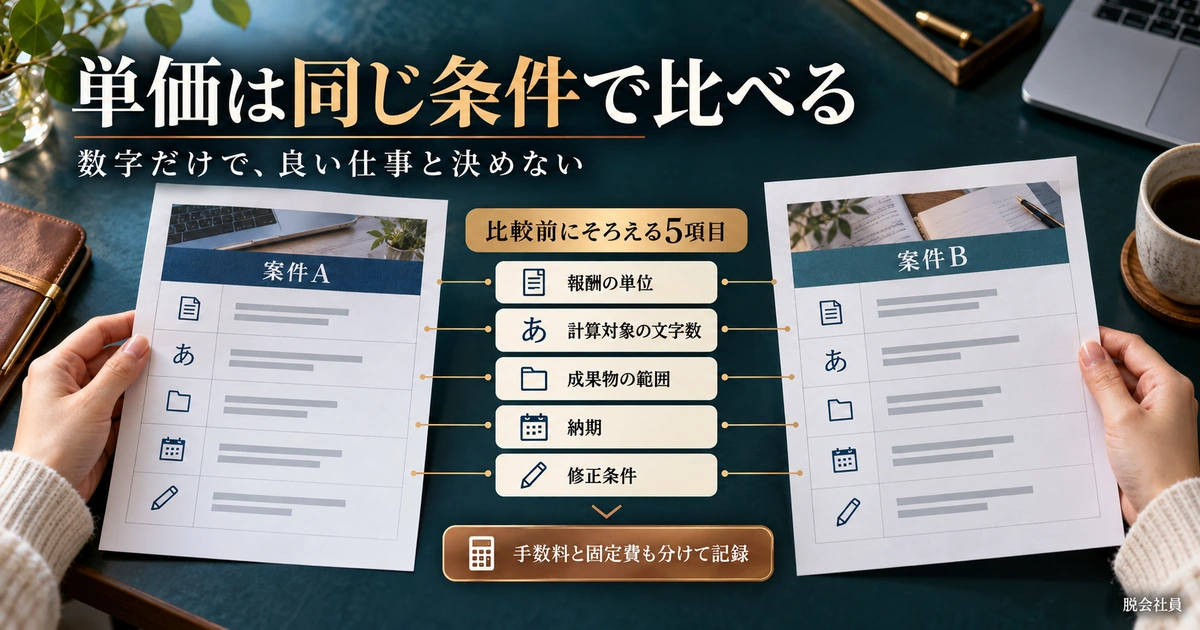 ライター案件の単価比較でそろえる報酬単位・対象文字数・成果物・納期・修正の5項目を示す生成イメージ