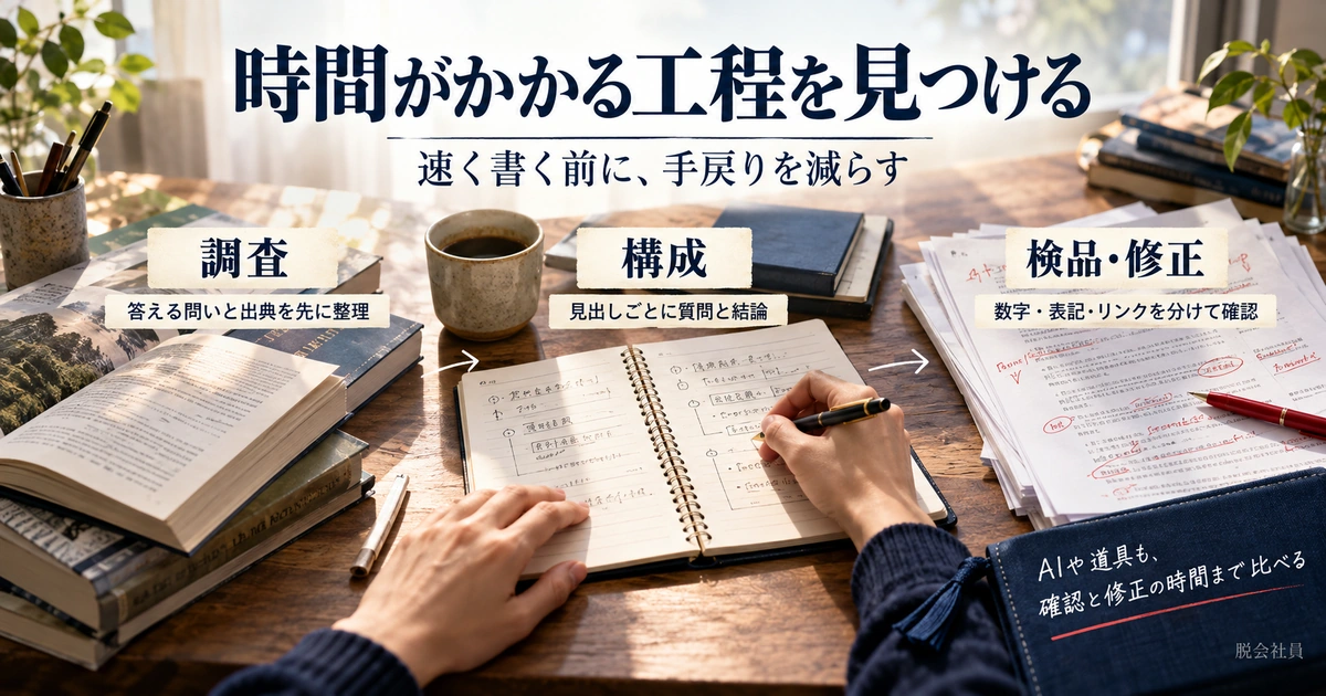 調査・構成・検品修正の各工程で手戻りを減らす確認事項を、資料・ノート・添削原稿で示す生成イメージ