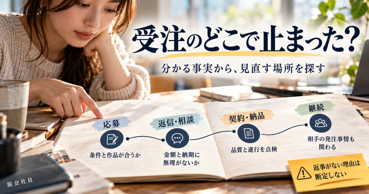 応募から返信相談、契約納品、継続のどこで止まったかを記録から検証する生成イメージ