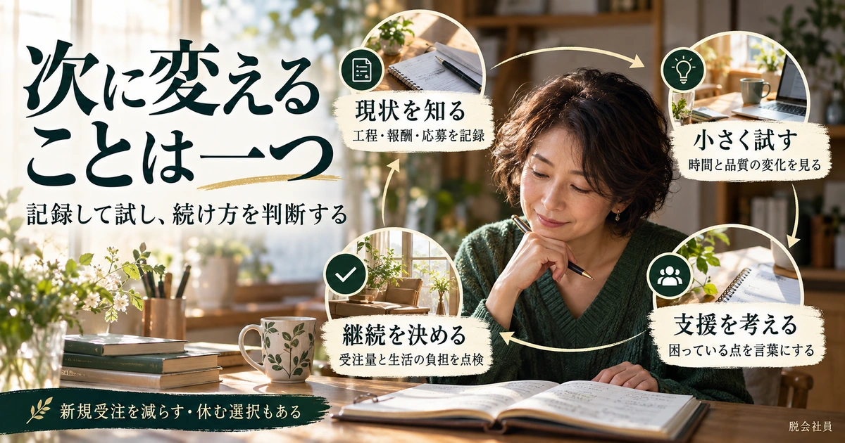 現状把握・小さな改善・支援の検討・継続判断を循環で示し、新規受注を減らす休む選択も伝える生成イメージ