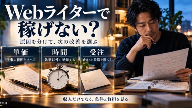 Webライターで稼げない原因を単価・時間・受注の3軸で分け、条件と負担を見直す生成イメージ