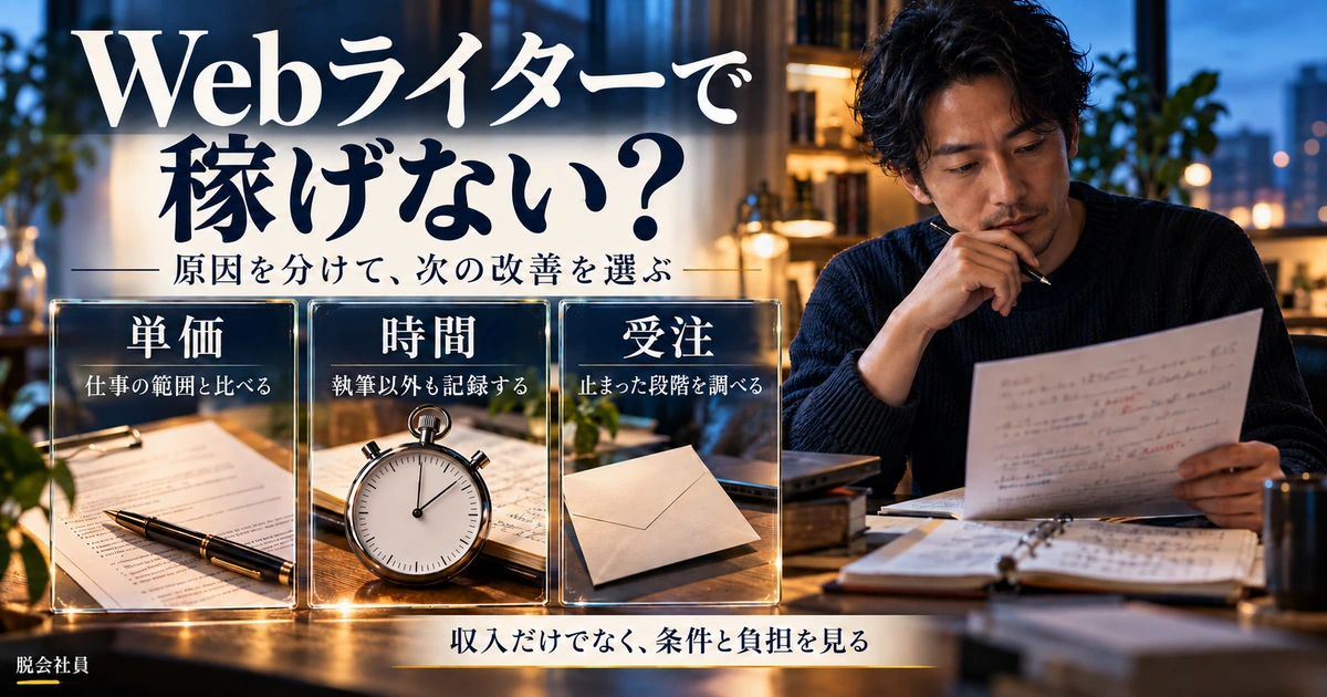 Webライターで稼げない原因を単価・時間・受注の3軸で分け、条件と負担を見直す生成イメージ
