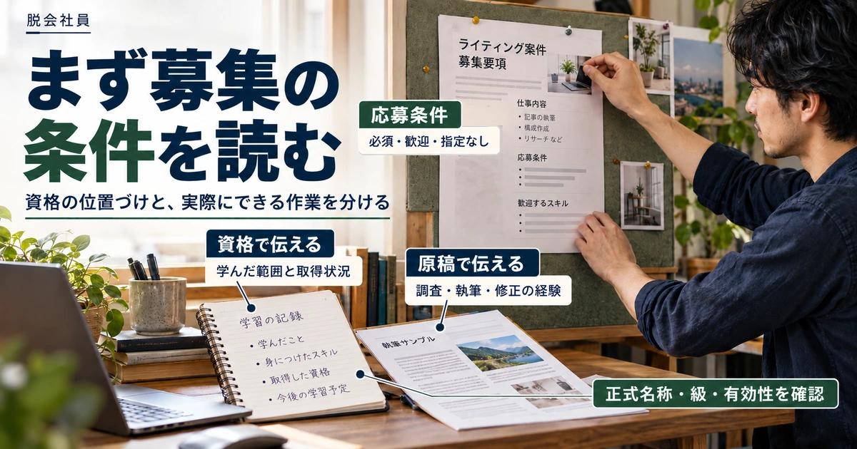 募集の必須歓迎指定なしと、資格で伝える学習、原稿で示す調査執筆修正の力を区別する生成イメージ