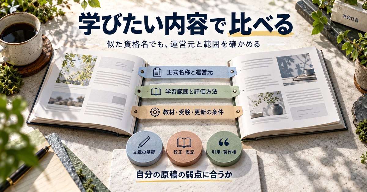 資格や検定を正式名称と運営元、学習範囲評価方法、教材受験更新の条件で比較する生成イメージ