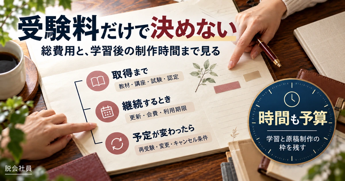 資格取得の教材試験費用、更新費用、変更時の条件と学習制作時間を分けて確認する生成イメージ