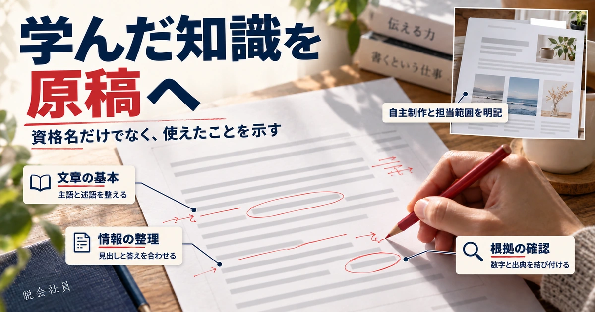 学習内容を文章の基本、情報整理、根拠確認の原稿点検へ移し、自主制作と担当範囲を明示する生成イメージ