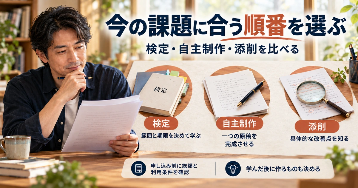 今の課題に合わせて検定・自主制作・添削の3つの学習方法を比較し、費用条件と学習後の成果物を確認する生成イメージ