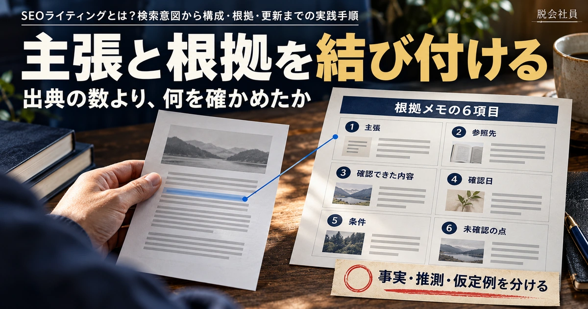 主張と資料を対応させ、主張・参照先・確認内容・確認日・条件・未確認の6項目を根拠メモに残す生成イメージ