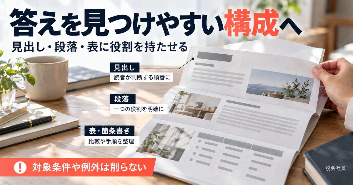 記事の見出し・段落・表箇条書きの役割を整理し、対象条件や例外を保つ構成を示す生成イメージ