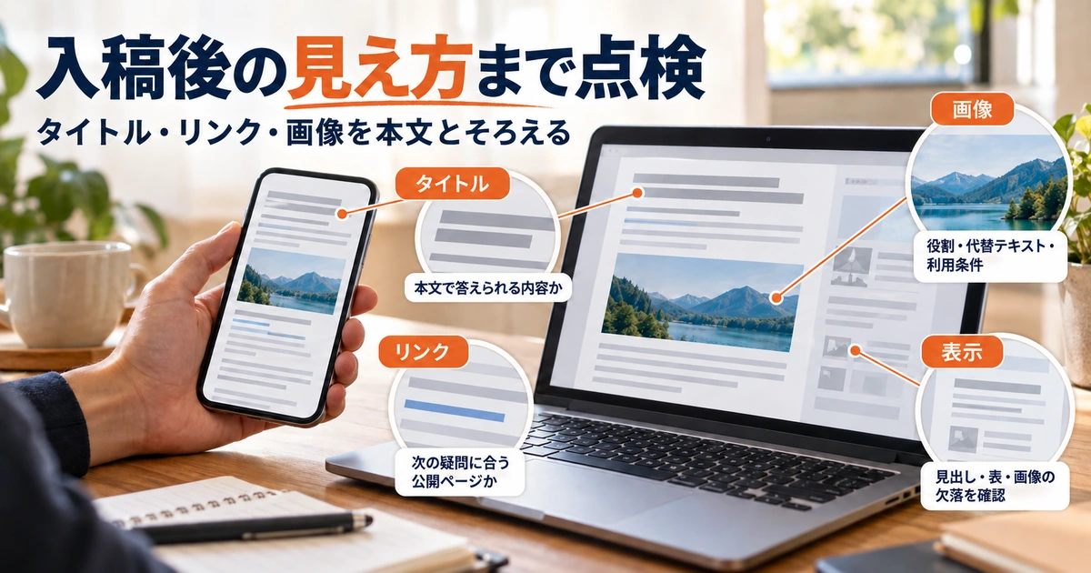 記事入稿後にタイトル・リンク・画像・表示をスマートフォンとPCで確認する説明用の生成イメージ