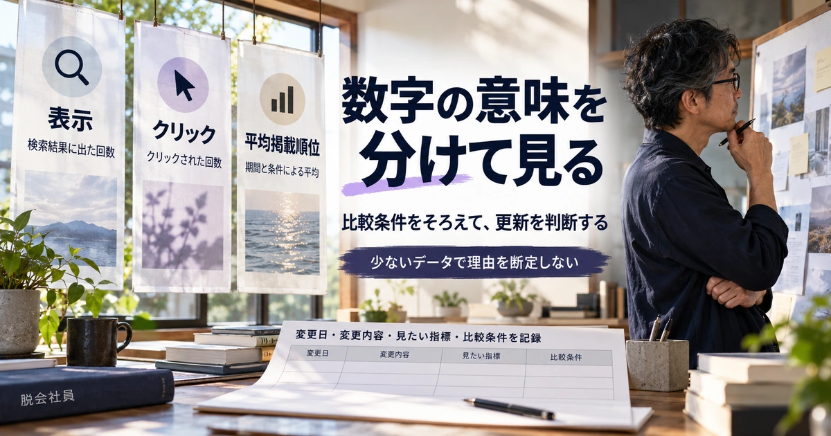 表示・クリック・平均掲載順位の意味を分け、変更日や比較条件を記録して記事更新を判断する生成イメージ