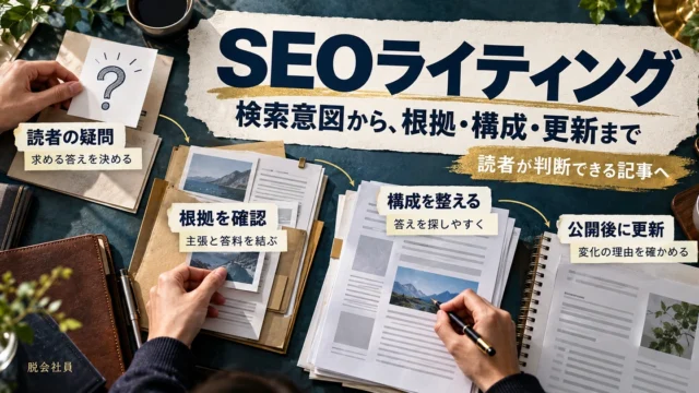 SEOライティングを読者の疑問、根拠確認、構成、公開後の更新の4工程で示す生成イメージ