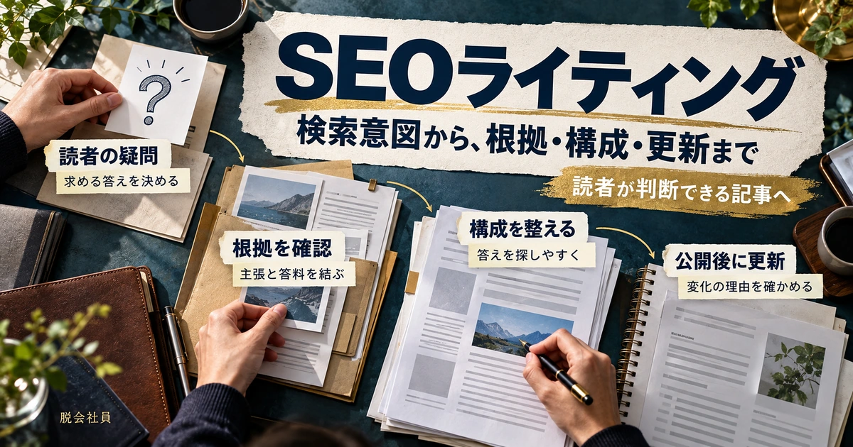 SEOライティングを読者の疑問、根拠確認、構成、公開後の更新の4工程で示す生成イメージ