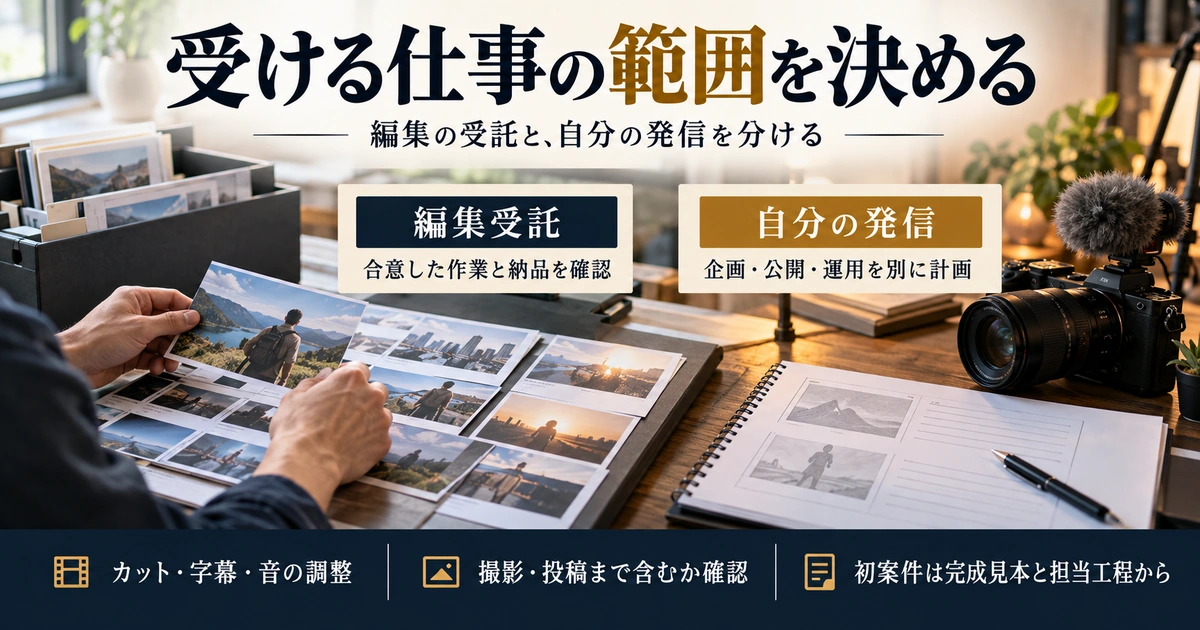 動画編集の受託と自分の発信を分け、カット字幕音の調整や撮影投稿の担当範囲を確認する生成イメージ