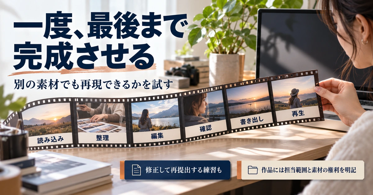 読み込み・整理・編集・確認・書き出し・再生の6工程を一巡し、修正と再提出も練習する生成イメージ