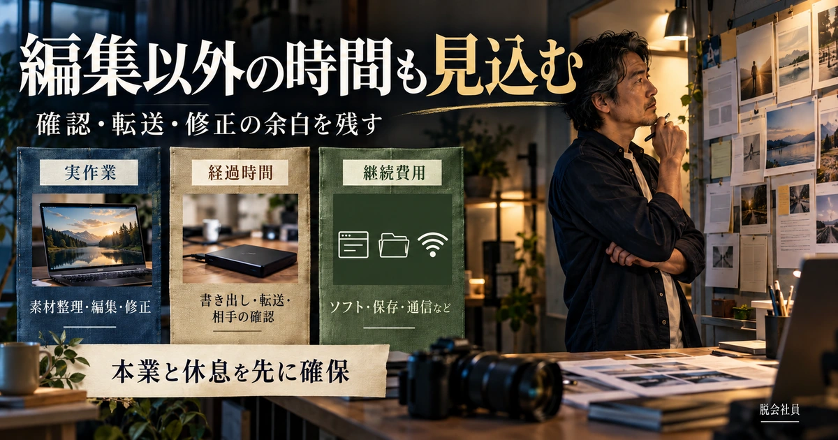 動画編集の実作業、書き出し転送確認を含む経過時間、ソフト保存通信の継続費用を分けて計画する生成イメージ