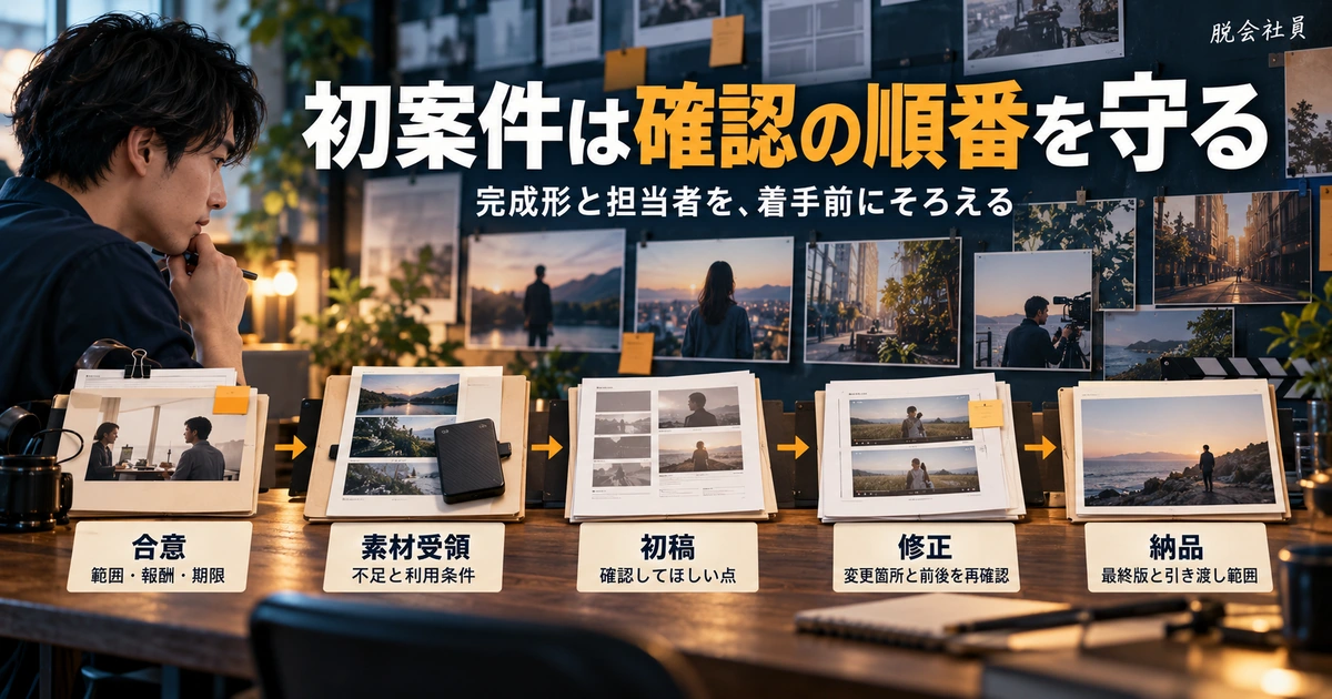 動画初案件の合意・素材受領・初稿・修正・納品の順番と各確認事項を示す生成イメージ