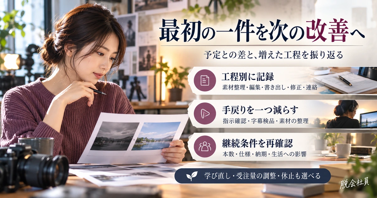 動画編集の初案件を工程別記録、手戻りの改善、継続条件の再確認から振り返る生成イメージ