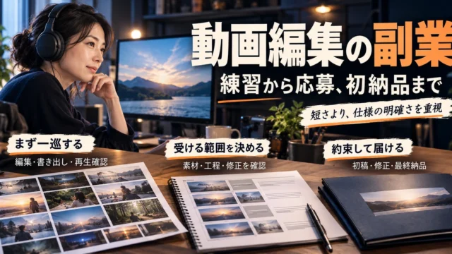 動画編集の副業を練習、受ける範囲の確認、初稿修正納品の約束の3段階で示す生成イメージ