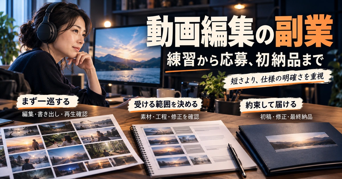 動画編集の副業を練習、受ける範囲の確認、初稿修正納品の約束の3段階で示す生成イメージ