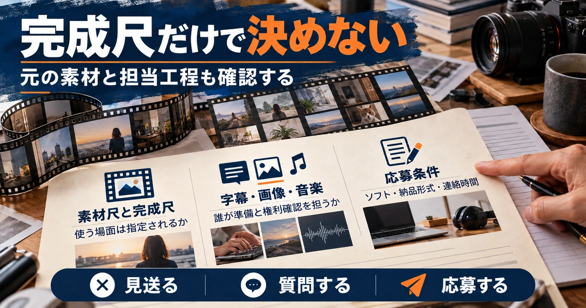 完成尺だけでなく元の素材や字幕・画像・音楽の担当、応募条件を確認する