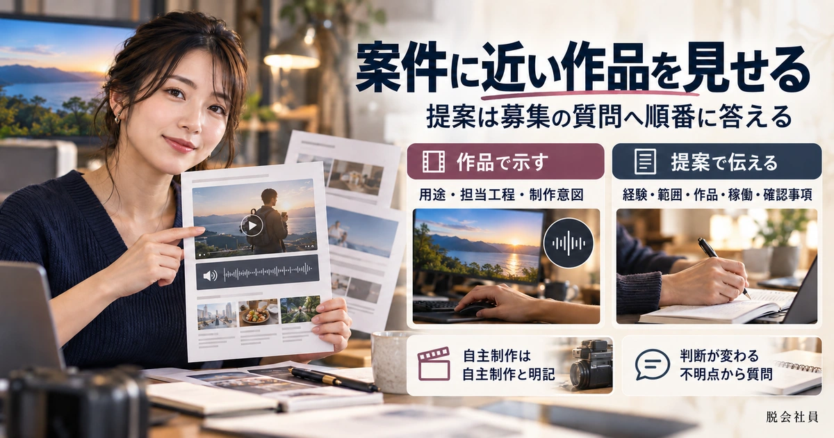 用途・担当工程・制作意図を作品で示し、経験や稼働などを提案で伝える