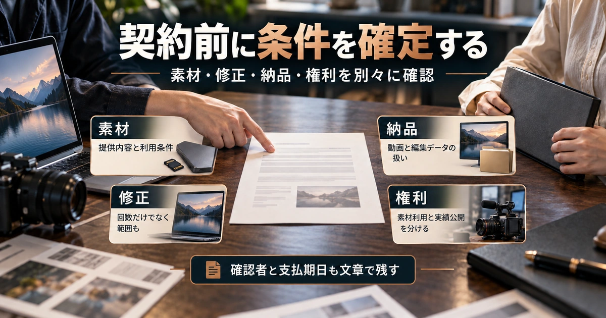 契約前に素材・修正・納品・権利を分け、確認者と支払期日も残す