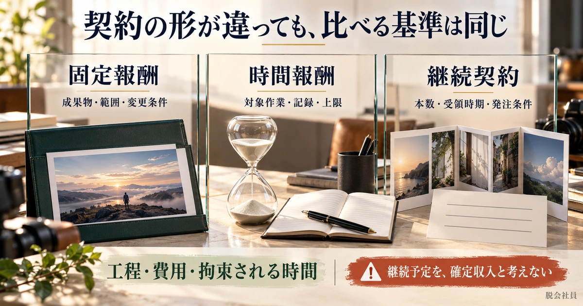 固定報酬・時間報酬・継続契約を工程と費用や拘束時間で比べる