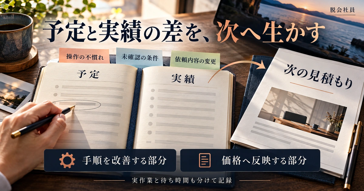 予定と実績の差を記録し、手順の改善と次回価格へ反映する部分を分ける