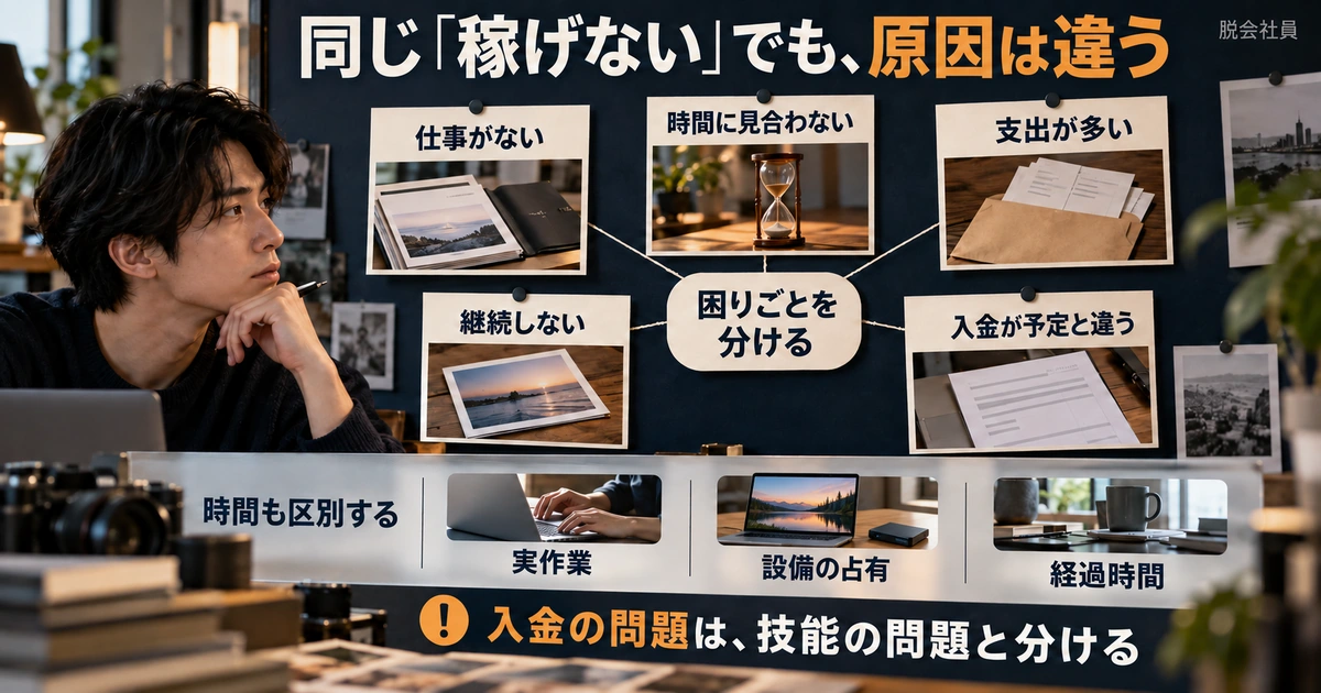 稼げないと感じる五つの困りごとを分け、実作業・設備占有・経過時間も区別する