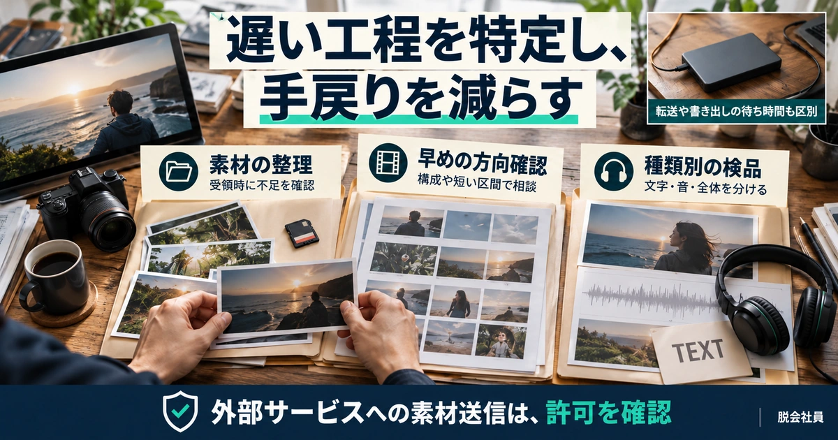 素材整理・早めの方向確認・種類別の検品で手戻りを点検する