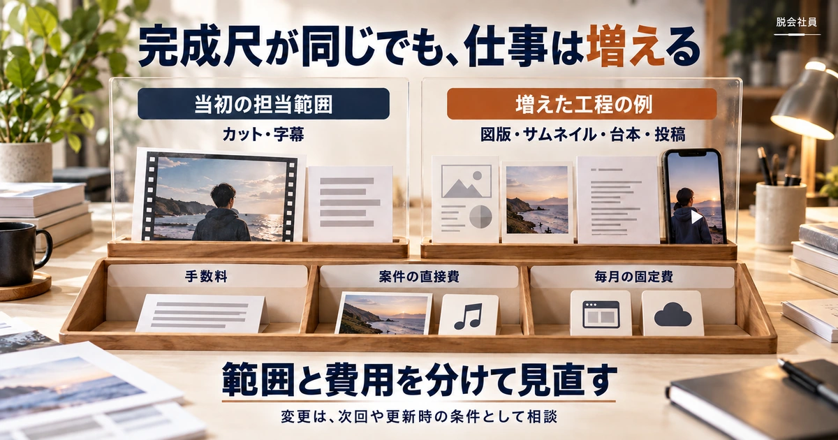 当初の担当範囲と増えた工程の例を比べ、手数料・直接費・固定費を分ける